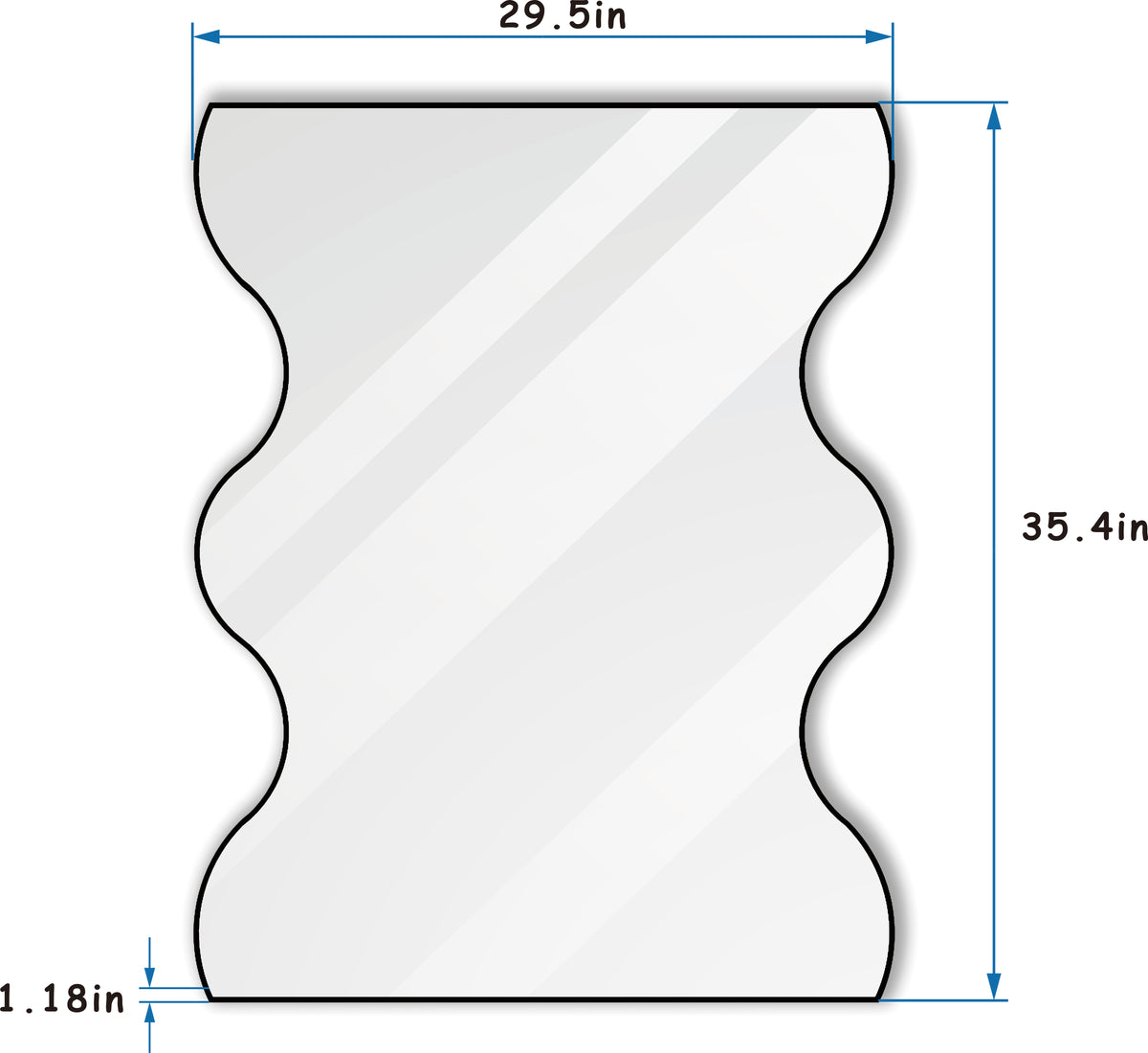 Wavy-edged rectangular wall mirror outline with black border and flat reflective surface