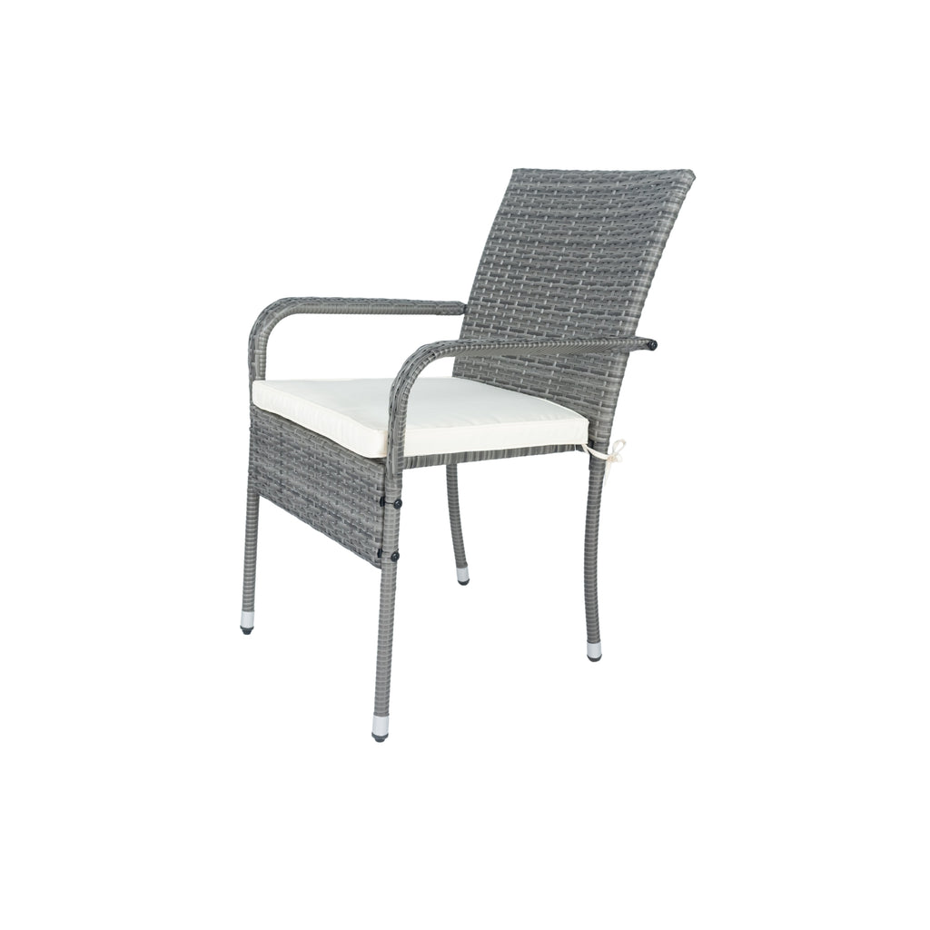 Grey wicker armchair with white cushion and curved metal frame with woven backrest