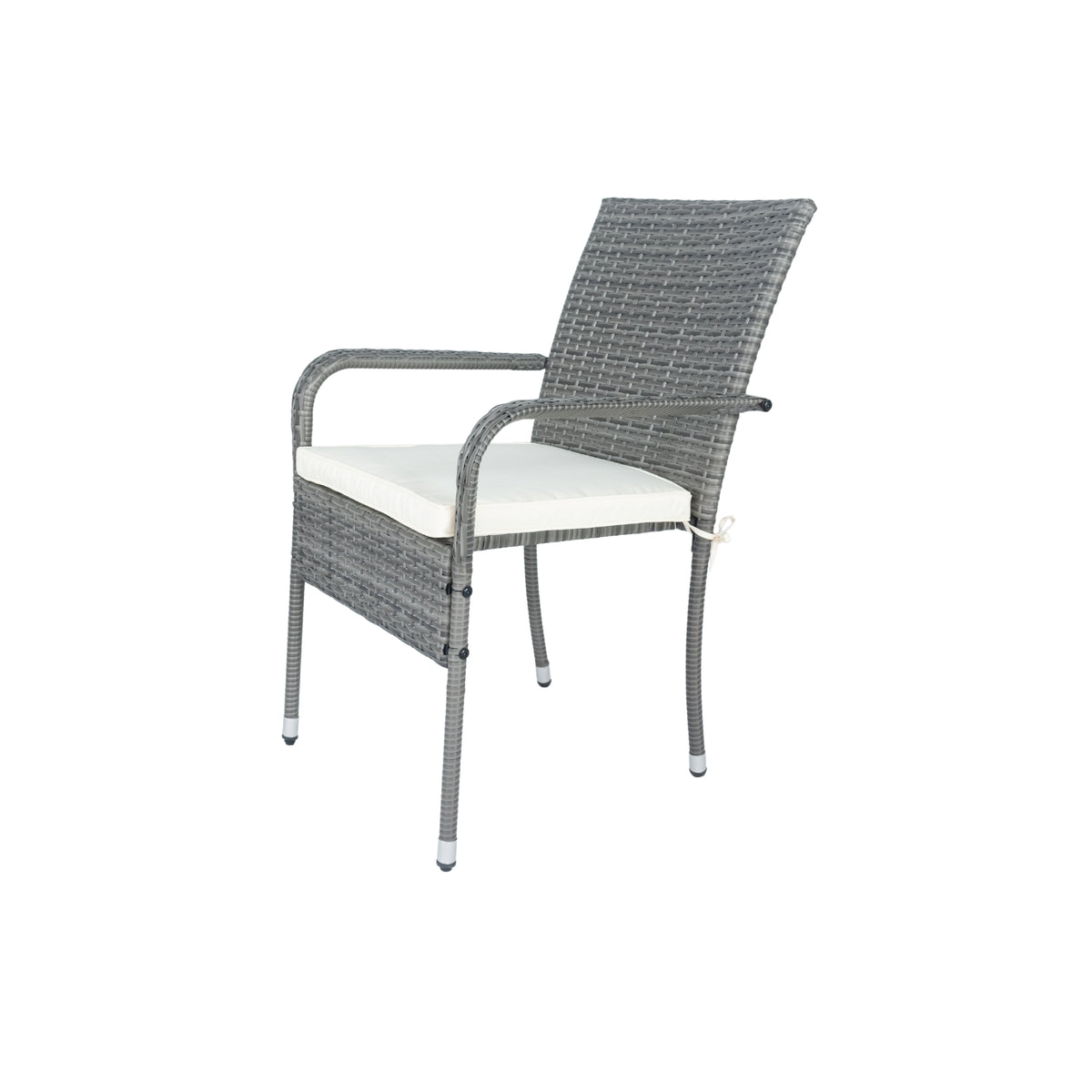 Grey wicker armchair with white cushion and curved metal frame with woven backrest