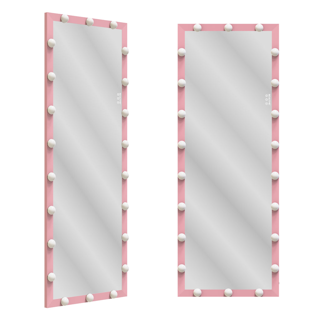 Pair of pink Hollywood mirrors showing full-length frames with glowing bulb trim