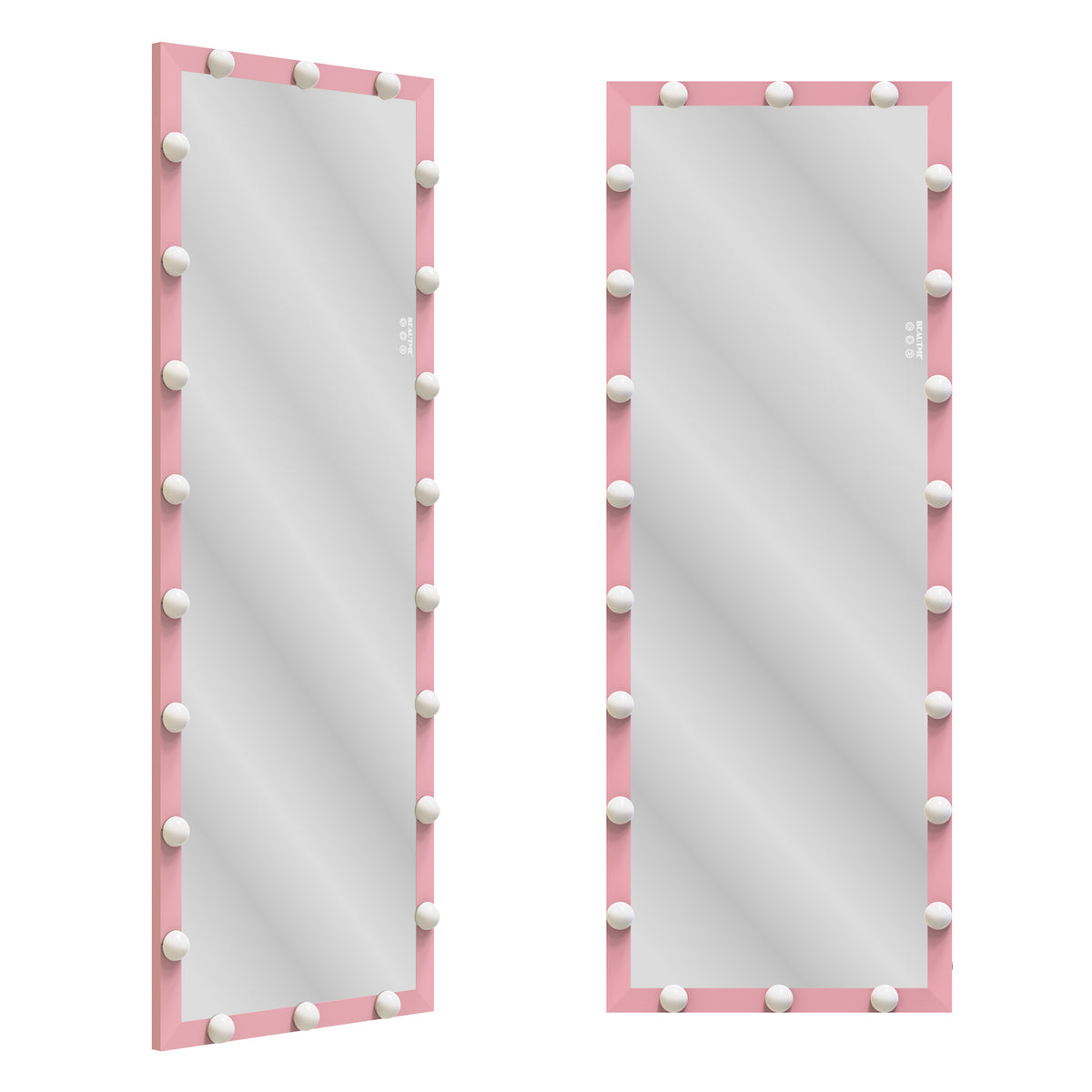Pair of pink Hollywood mirrors showing full-length frames with glowing bulb trim