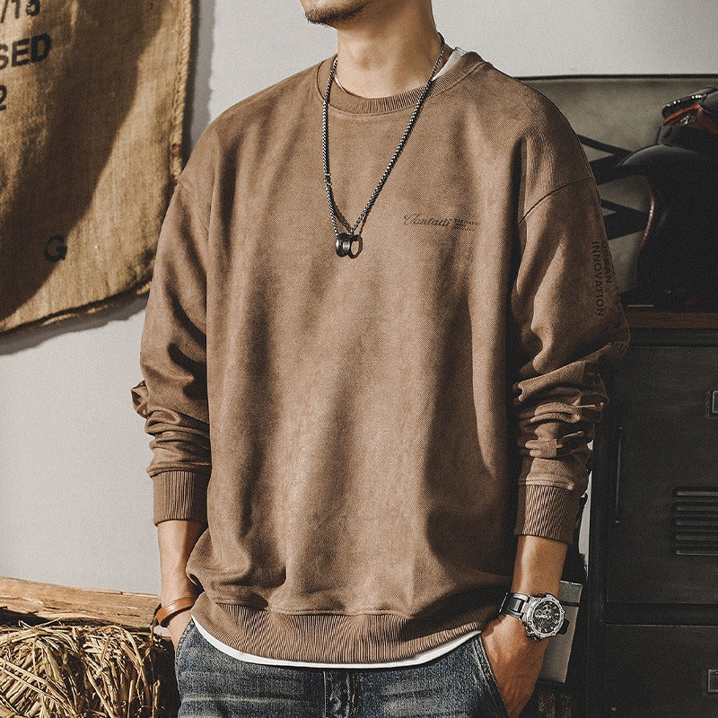 Men's suede-look crewneck sweatshirt, medium tan-brown, ribbed cuffs and hem