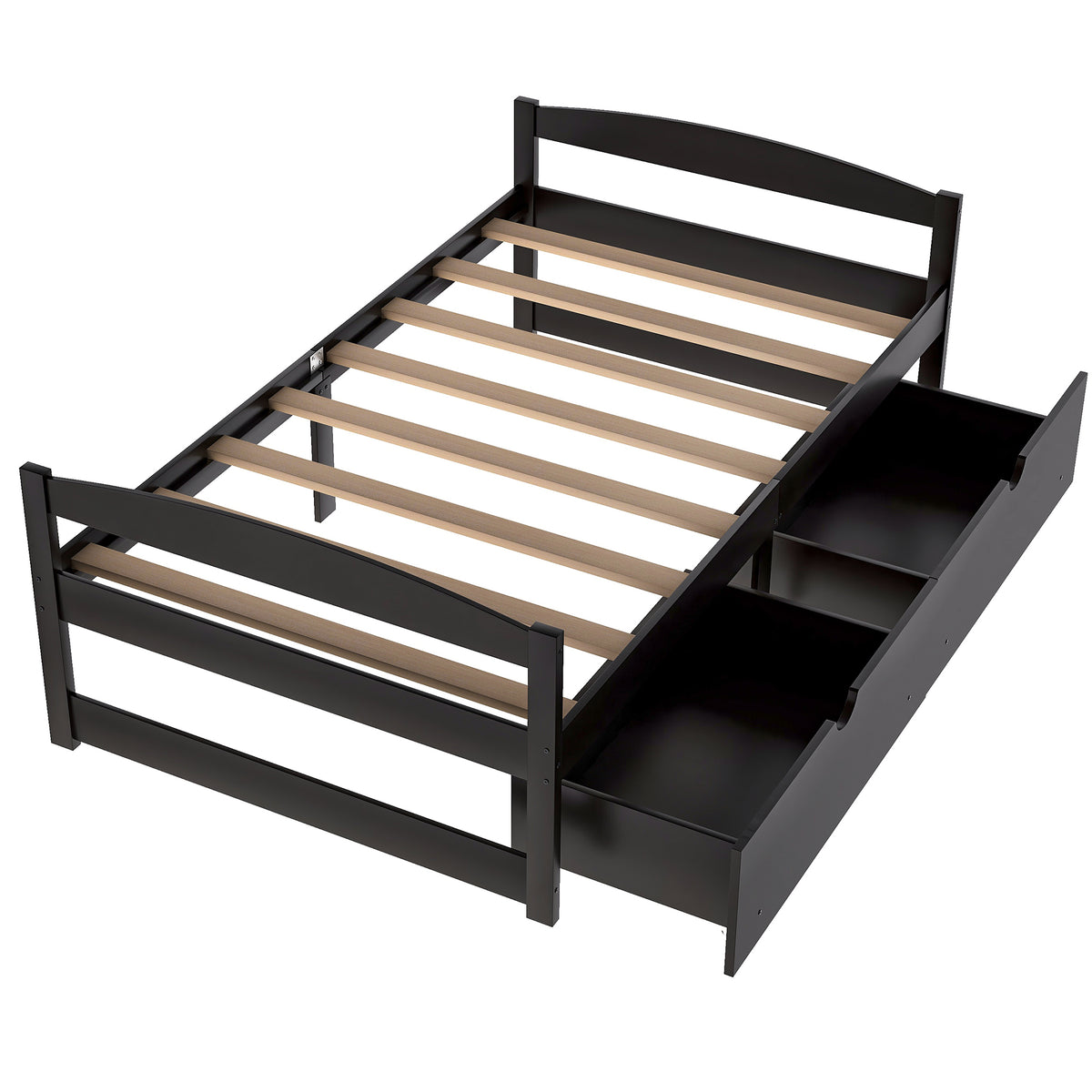 Twin platform bed with two drawers, espresso finish, open side drawer and slatted deck
