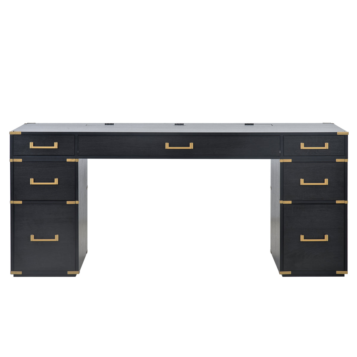 Black executive desk with two file drawers, side pedestal drawers, gold handle trim