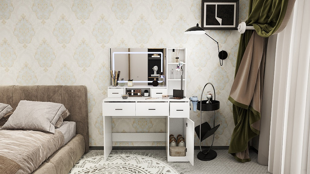 White MDF dressing table with front drawers and a built-in vanity mirror