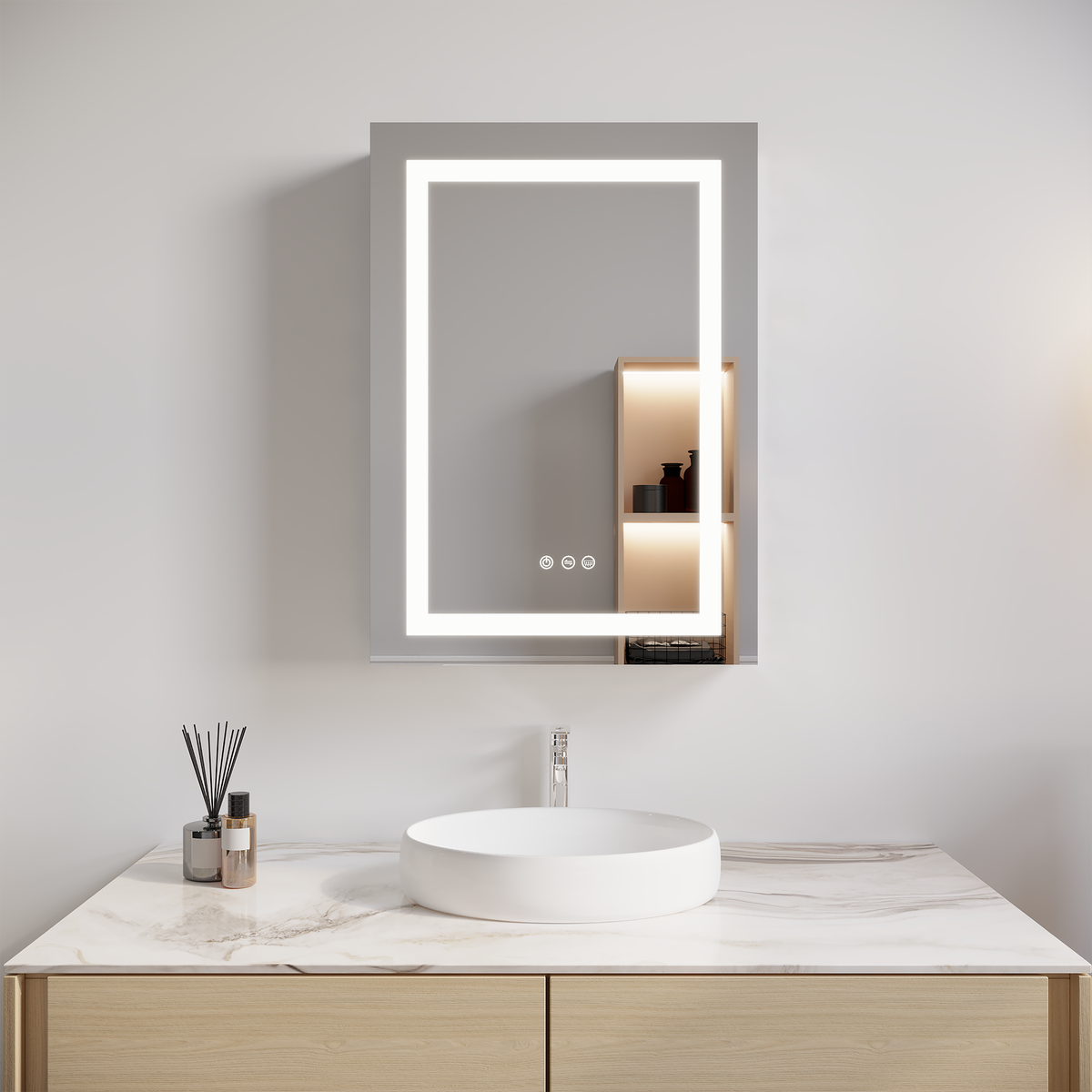LED bathroom medicine cabinet with illuminated anti-fog mirror, touch controls visible