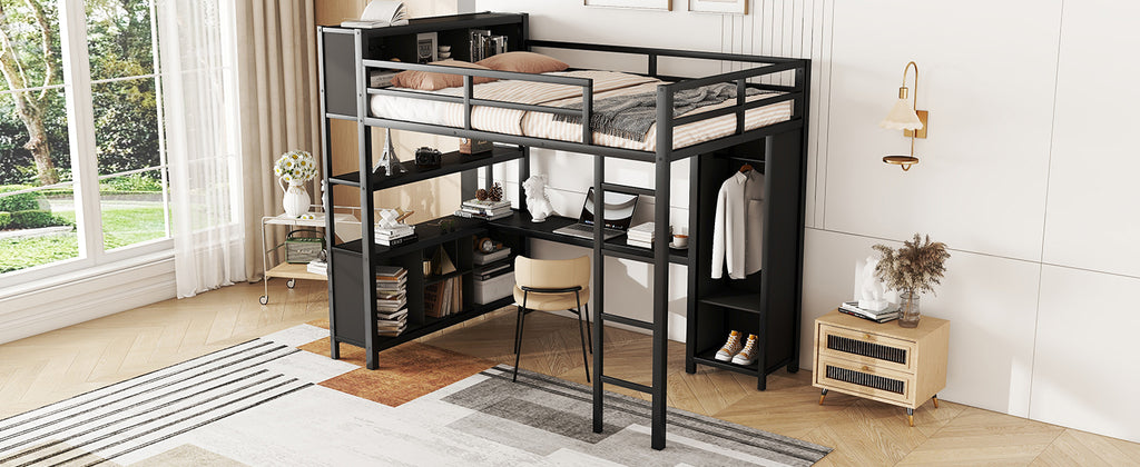Black metal full-size loft bed with desk setup, wardrobe compartment, and top bed rail