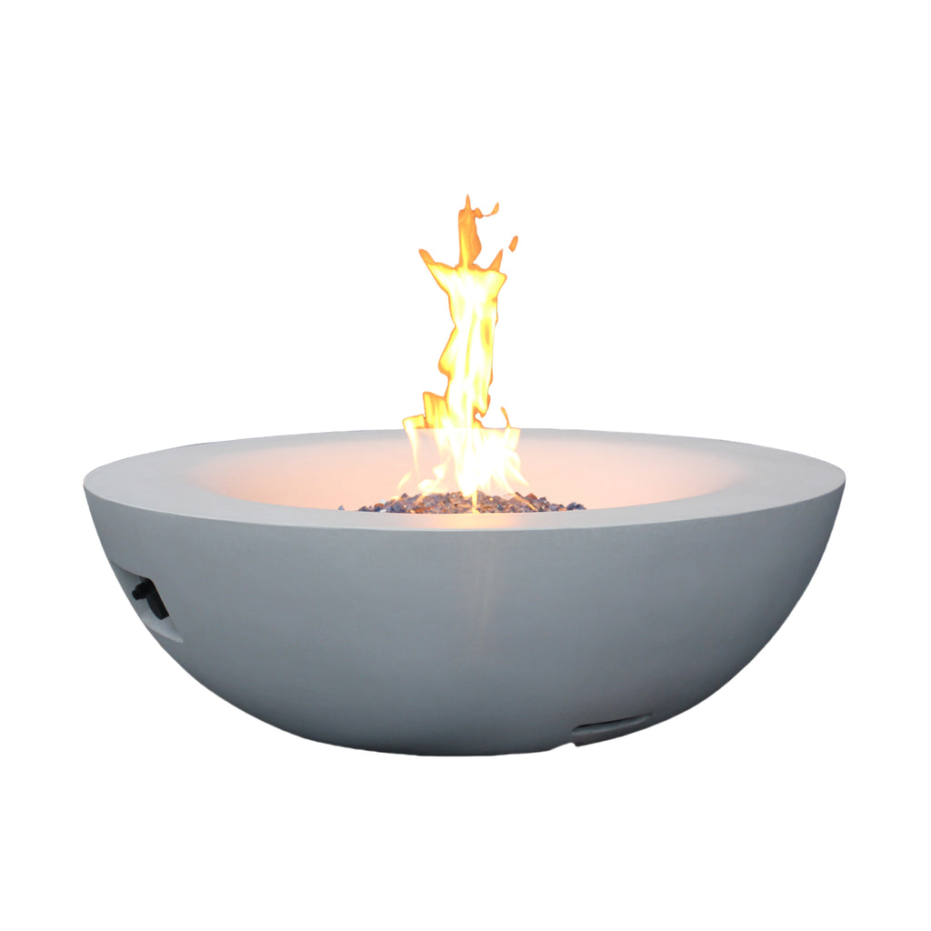 Antique white concrete propane fire pit bowl with active flames and blue fire media