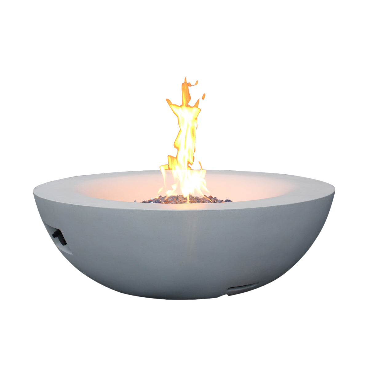 Antique white concrete propane fire pit bowl with active flames and blue fire media