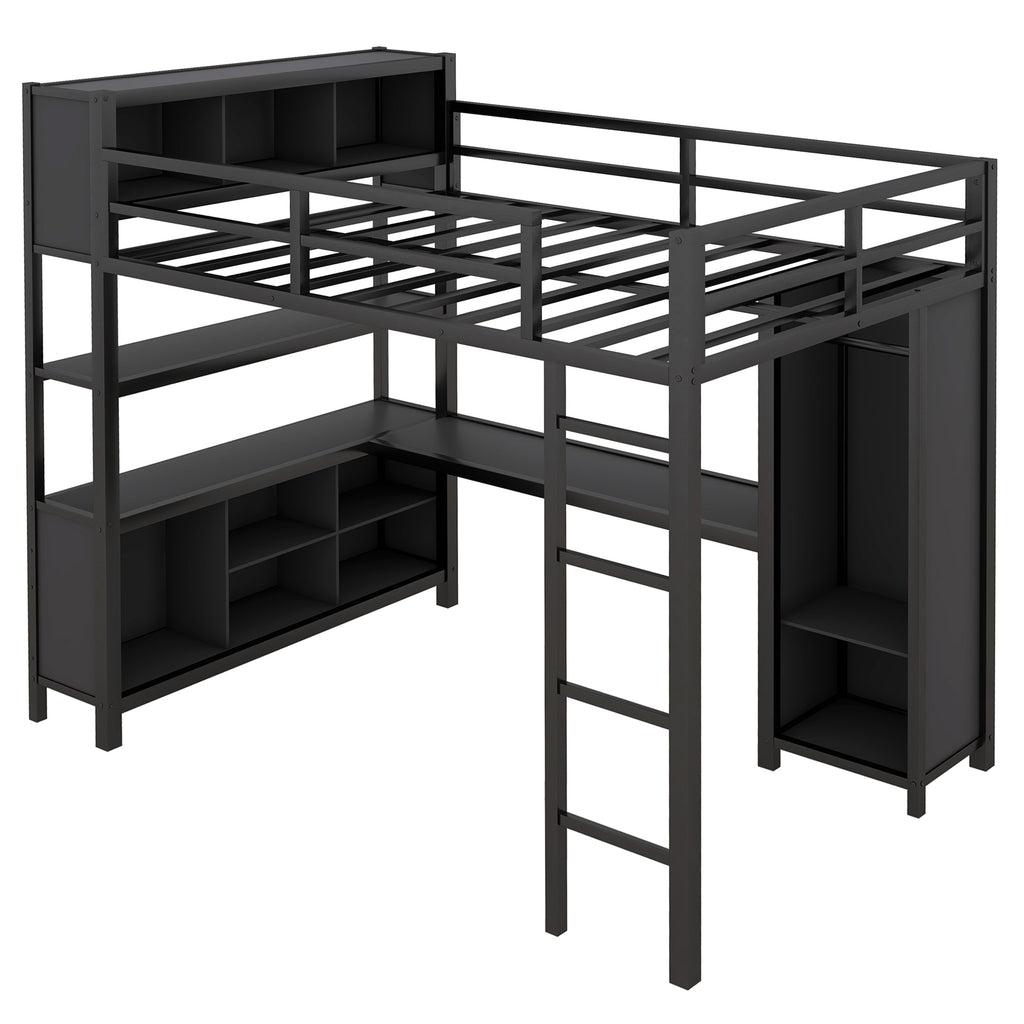 Black metal full-size loft bed with open ladder and lower cubby storage panels