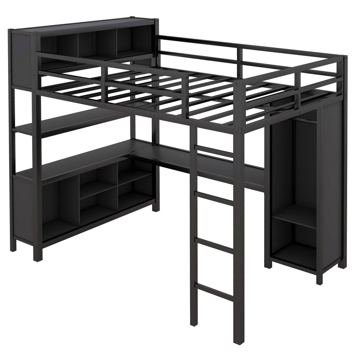 Black metal full-size loft bed with open ladder and lower cubby storage panels