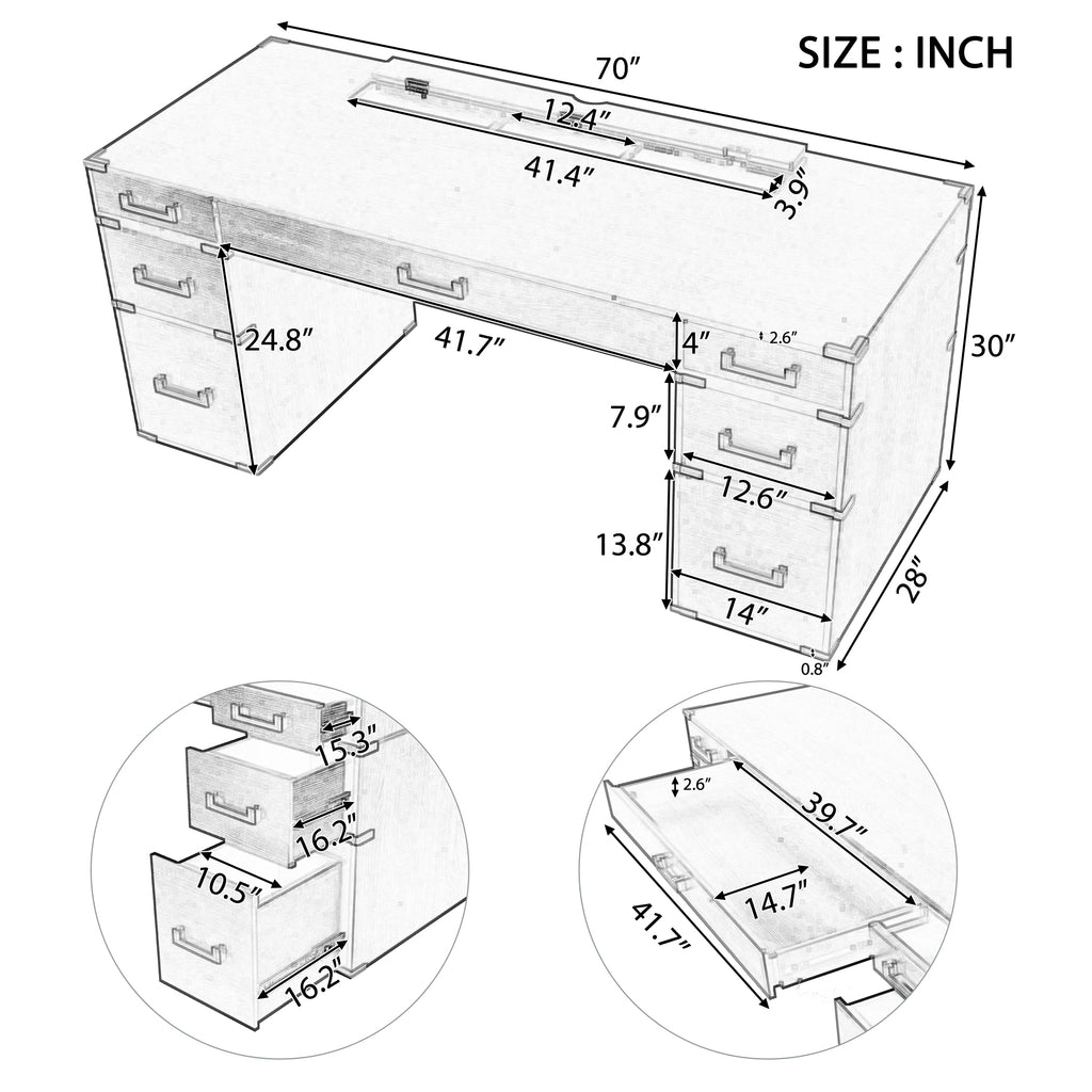 Desk size diagram showing 70 in length, 30 in height, and drawer dimensions