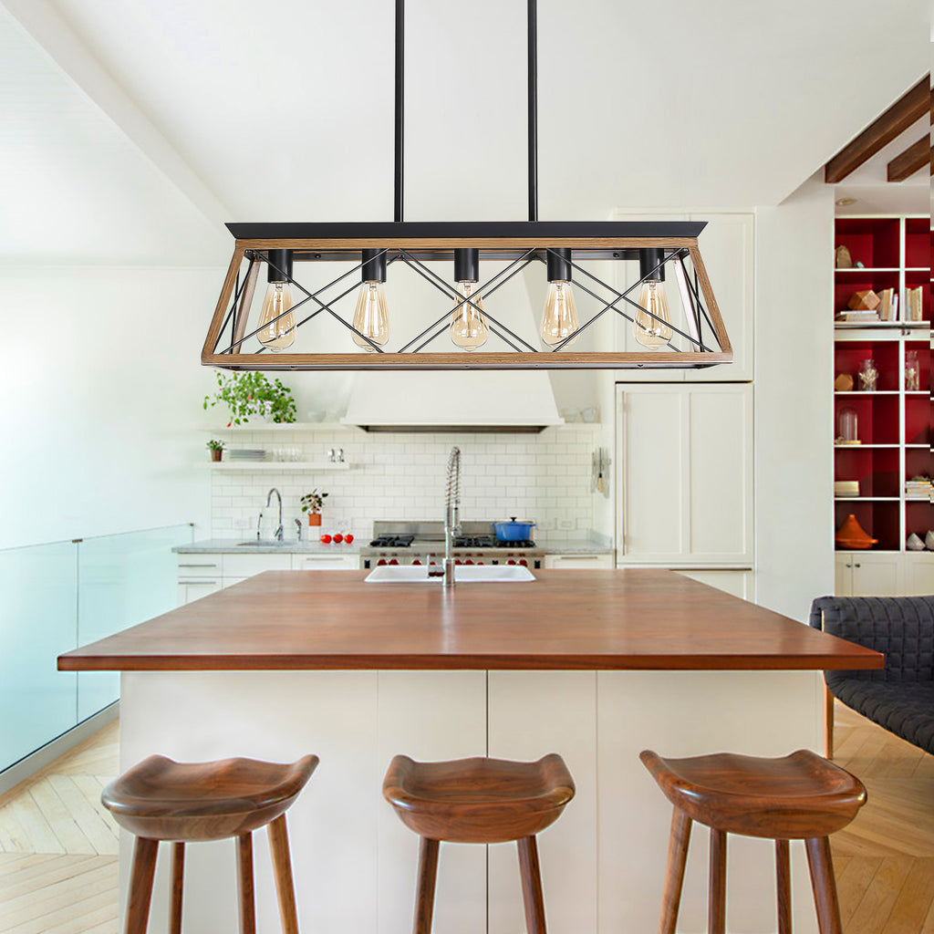 Rectangular 5-light chandelier with black frame and walnut wood sides above dining table