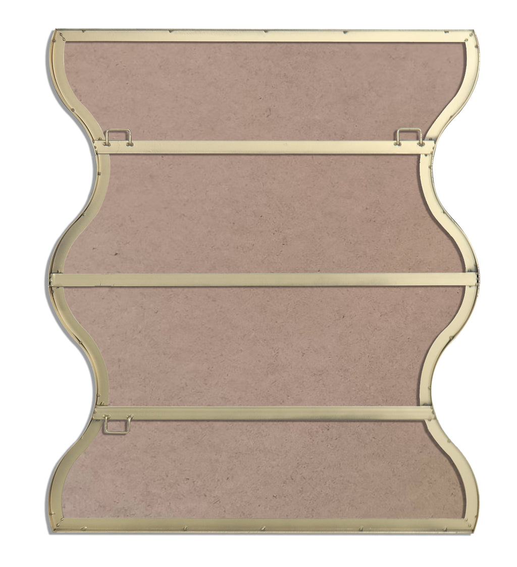 Back view of wavy-edged wall mirror with gold metal frame and mounts