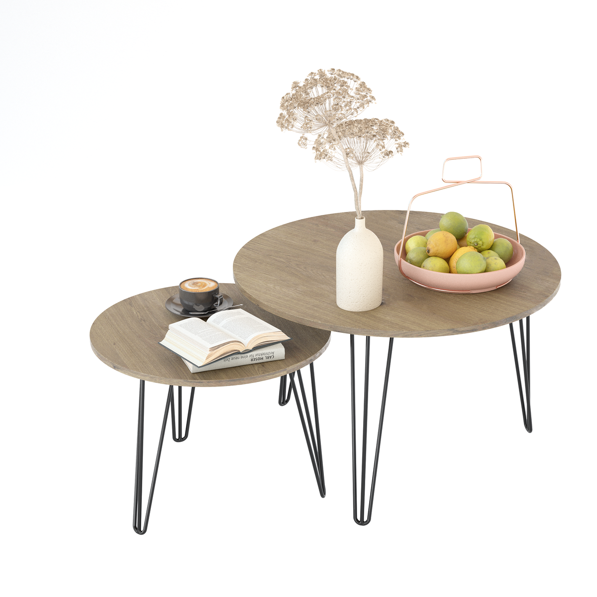 Round nesting coffee table set of 2 with brown wood tops and black metal legs