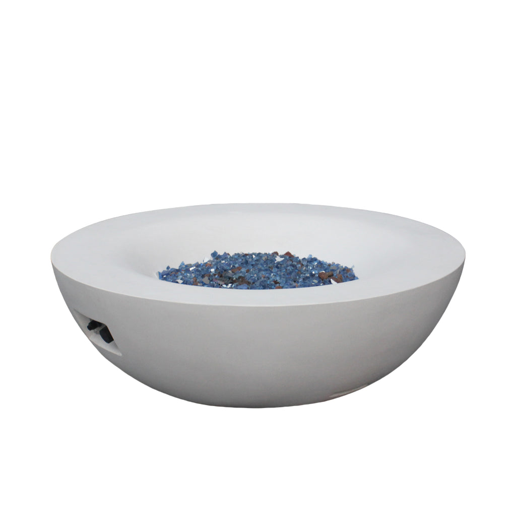 Antique white concrete propane fire pit bowl with blue fire media, no flames