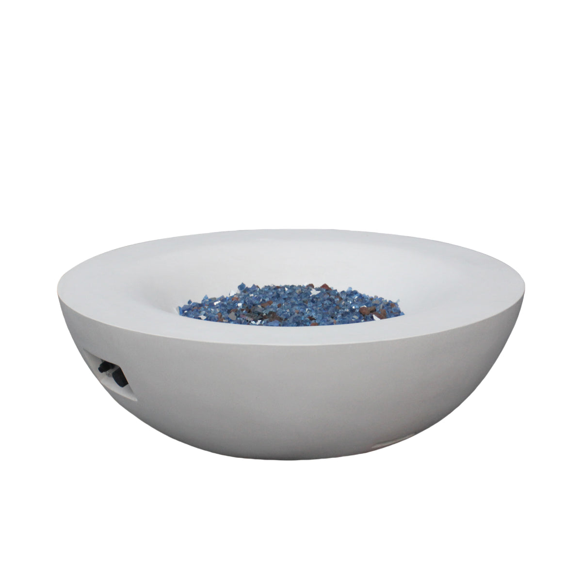 Antique white concrete propane fire pit bowl with blue fire media, no flames