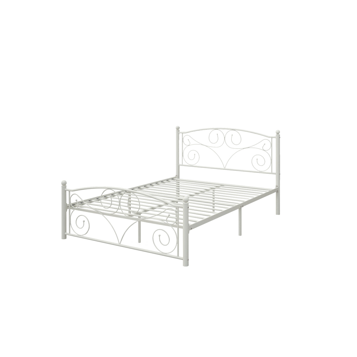 White metal bed frame with decorative scroll panel and wire slat base