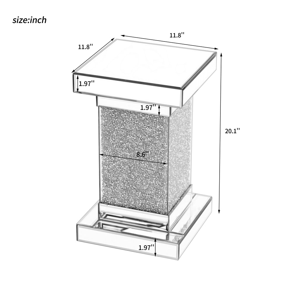 Square mirror coffee table dimension diagram: 11.8 in top, 20.1 in height