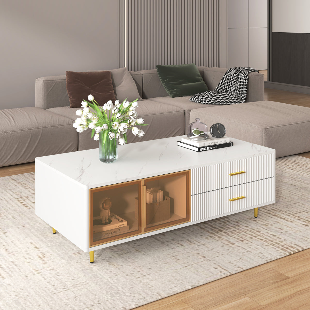 White coffee table with marble-look top, two glass doors, drawers, gold legs