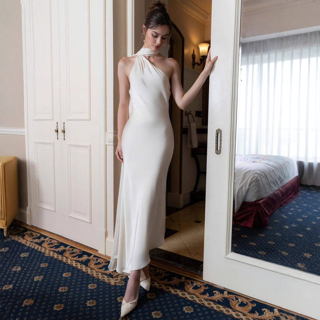 White satin halter backless evening dress, sleeveless floor-length with slit