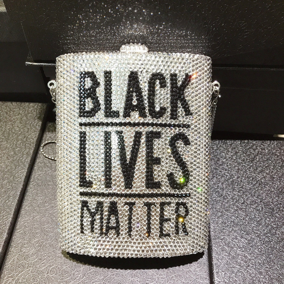 Rhinestone mini dinner bag, “BLACK LIVES MATTER” front with small embellishment accents
