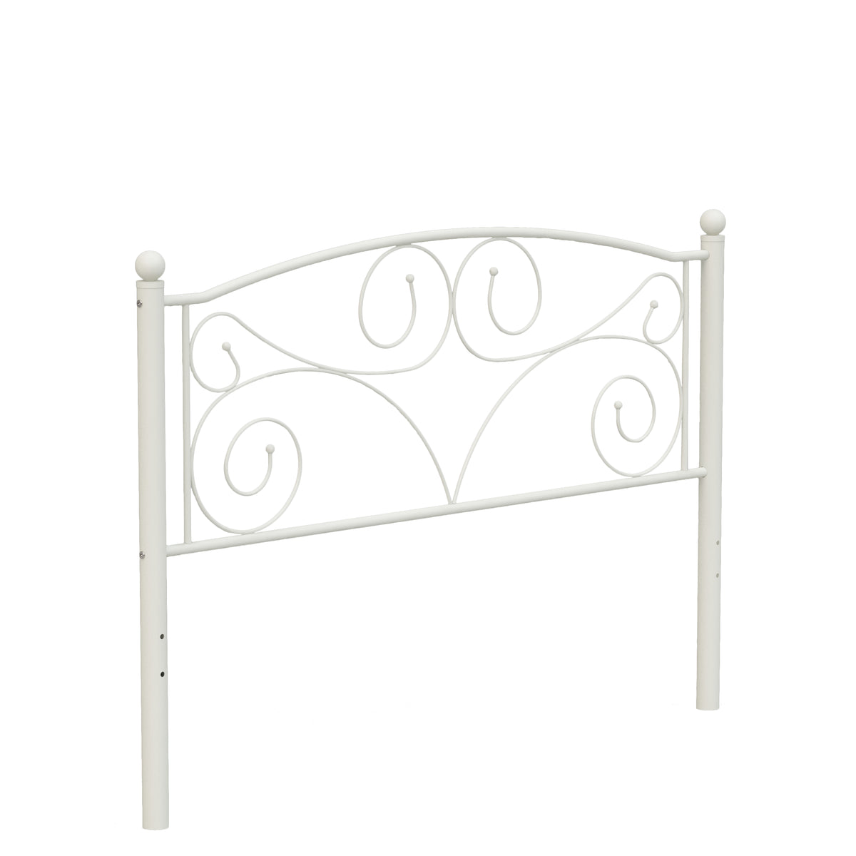 White metal bed frame with arched scrollwork headboard and matching footboard posts