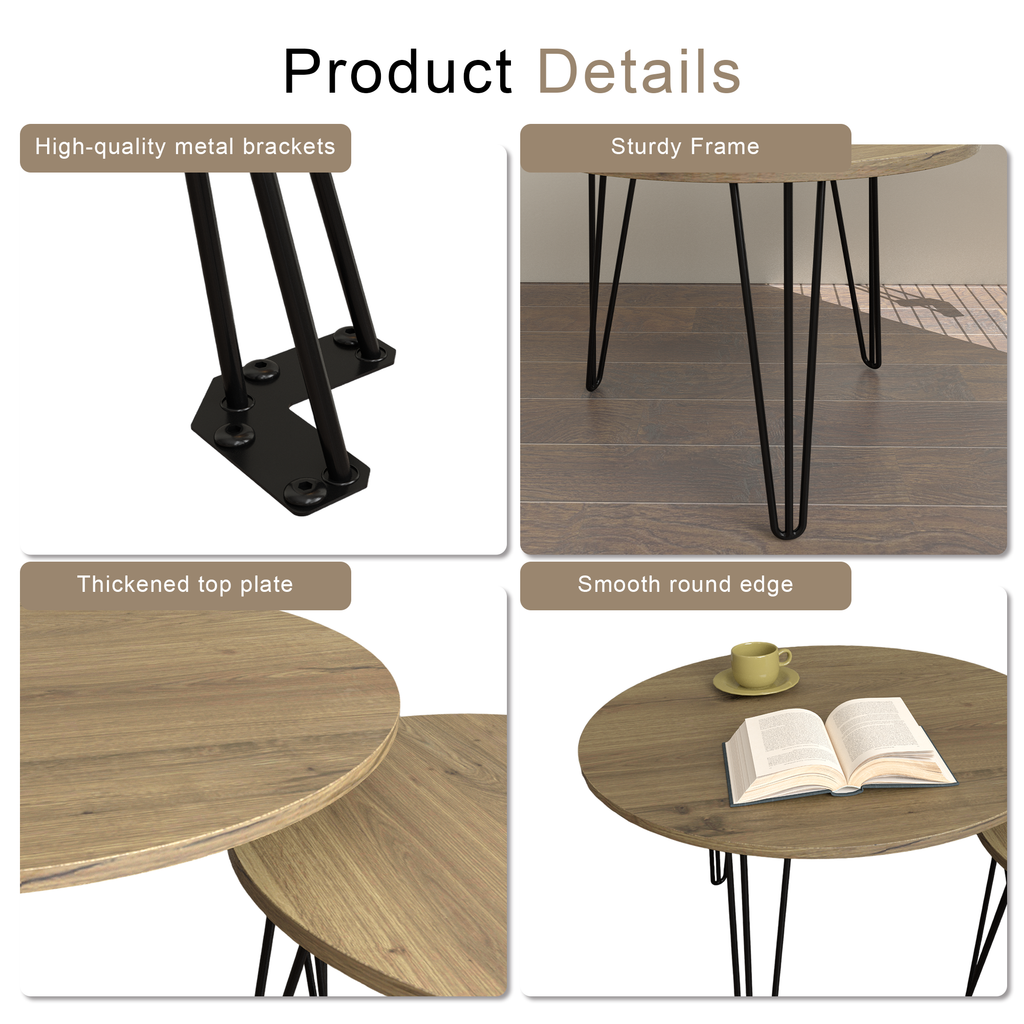 Detail of round nesting tables: sturdy black metal supports and smooth round edge