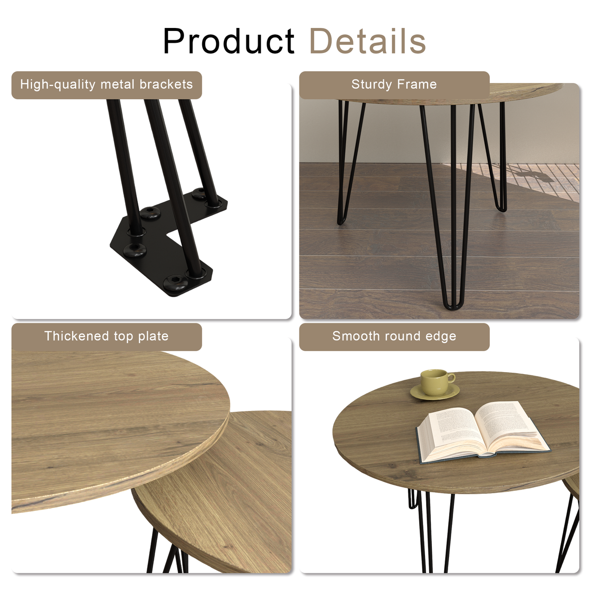 Detail of round nesting tables: sturdy black metal supports and smooth round edge