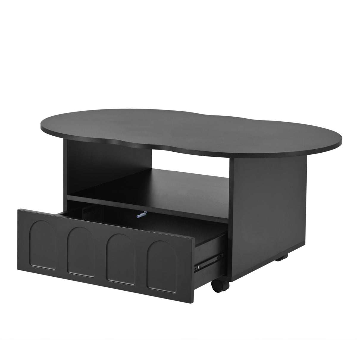 Black coffee table with arched top, open shelf, and front drawer storage cabinet