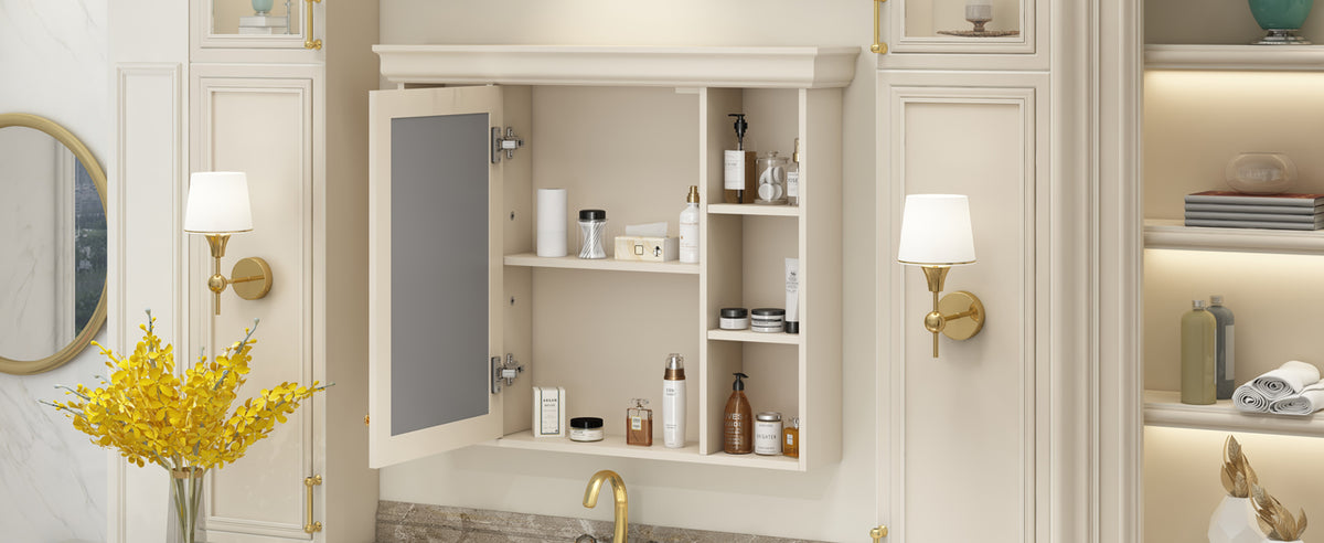 Cream wall cabinet with mirrored door open, interior shelves with toiletries