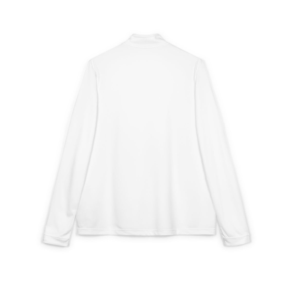 White quarter-zip pullover, back view with long sleeves and ribbed cuffs