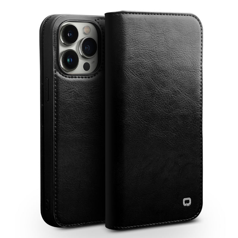 Black leather flip phone case with camera cutouts and stitched border