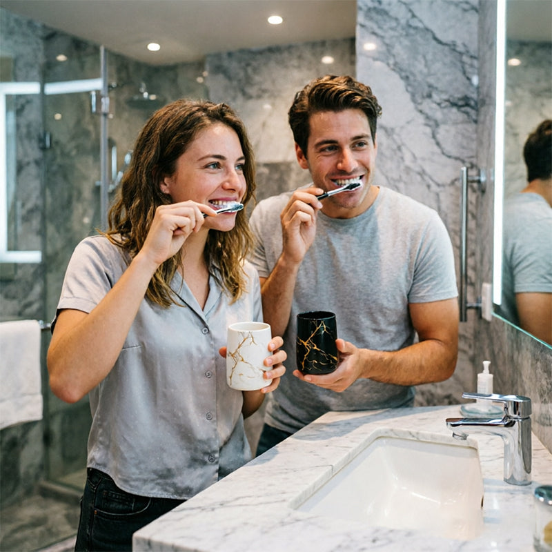Couple holding ceramic mouthwash cups, white and black with golden marble veining
