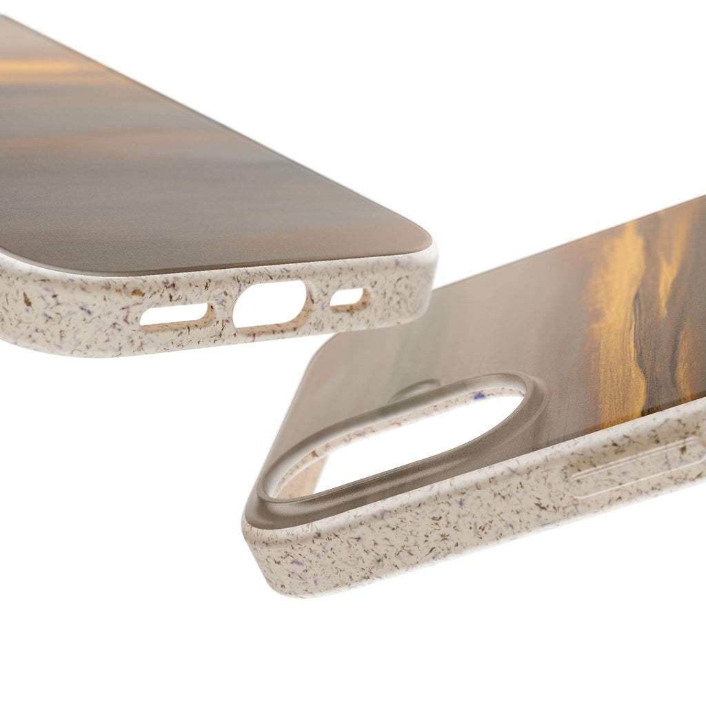 Biodegradable phone case side view with port openings and brown landscape art finish