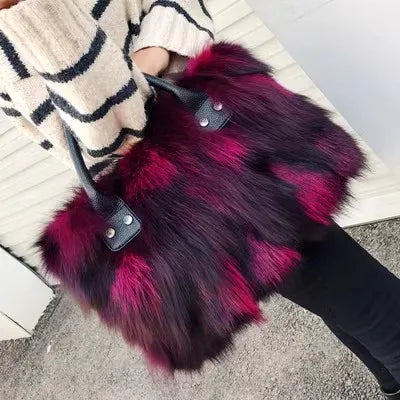 Burgundy and dark faux fur handbag with black leather top handles and snaps