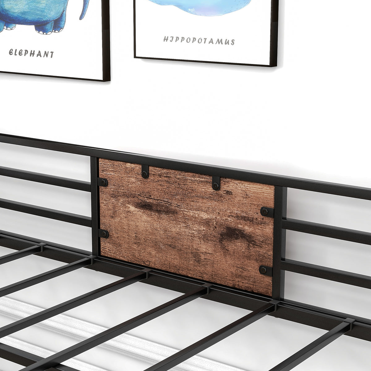 Black metal bunk bed end with wood-look panel and securing bolts