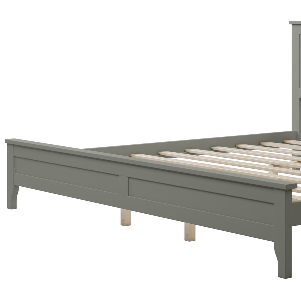 Gray king bed platform with side rails and wooden slat support