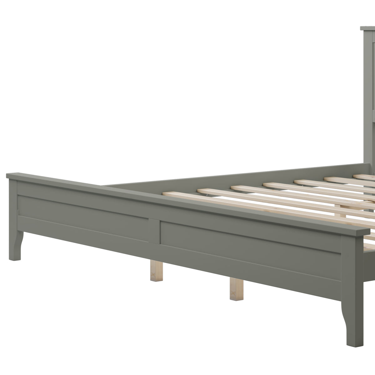 Gray king bed platform with side rails and wooden slat support