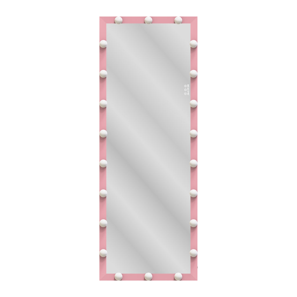 Pink framed full body mirror with evenly spaced round LED bulbs along the edges