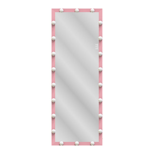 Pink framed full body mirror with evenly spaced round LED bulbs along the edges