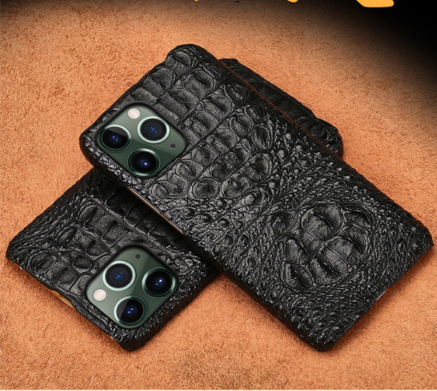 Black crocodile leather phone case, dual-piece view with camera cutouts