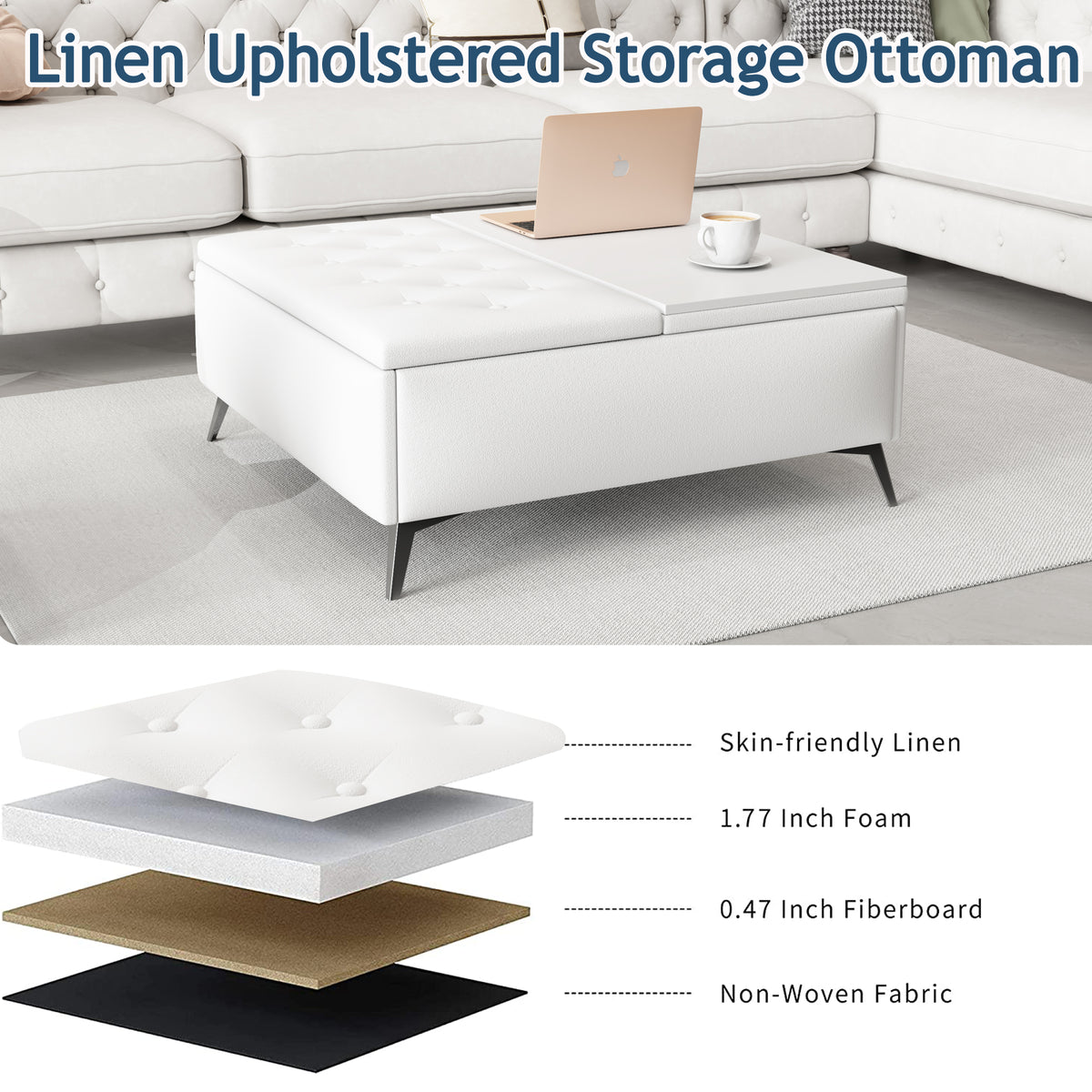 White upholstered storage ottoman with lift lid and raised tabletop surface