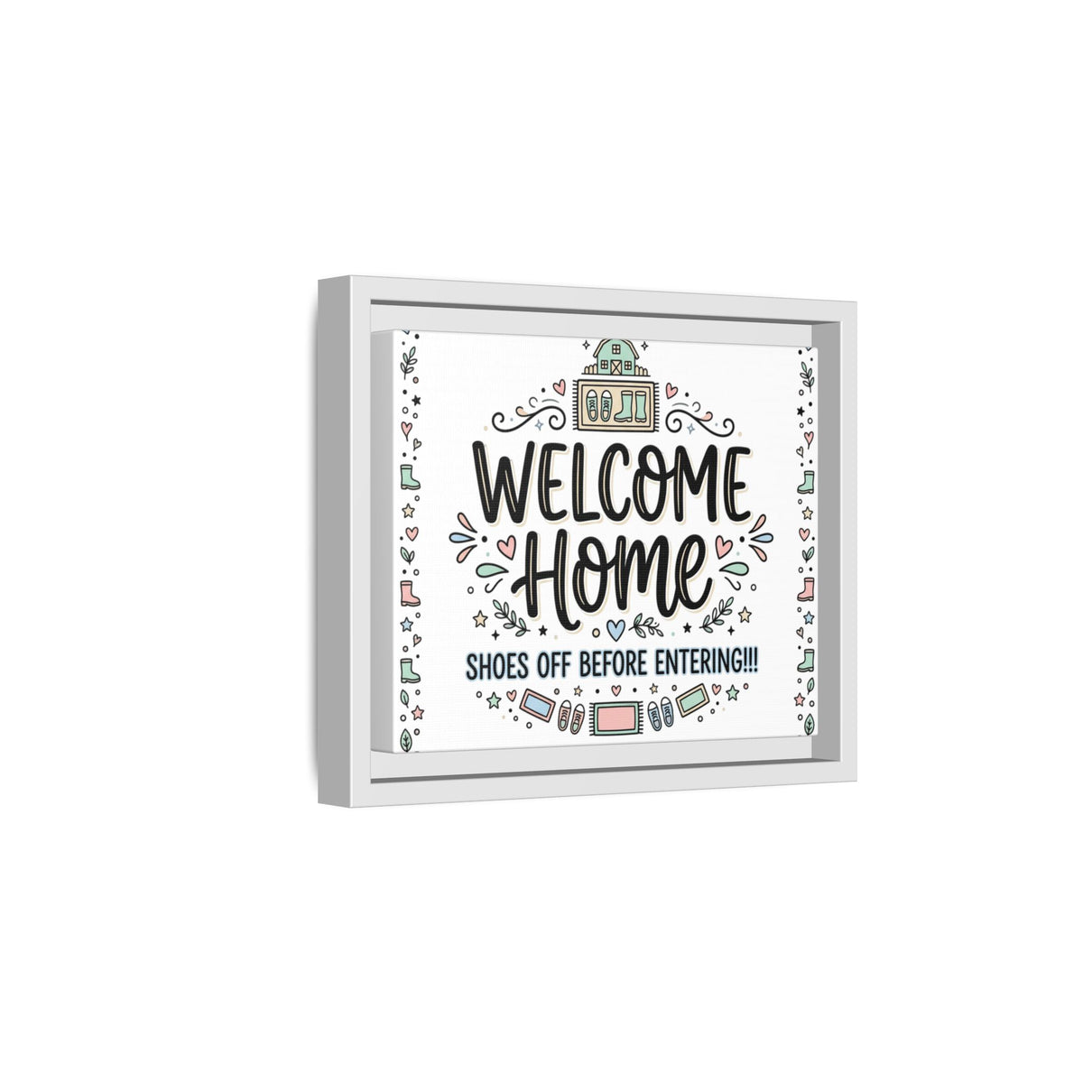 Framed matte canvas wall art with “Welcome Home” and decorative home icons