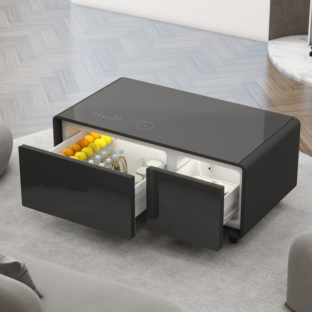 Black smart coffee table with open refrigerated compartment and two drawer-style fronts
