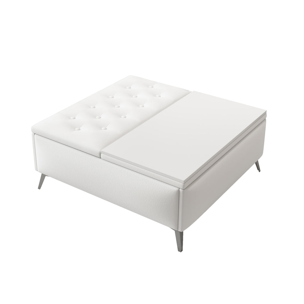 White upholstered square storage ottoman with tufted top and hinged lift lid