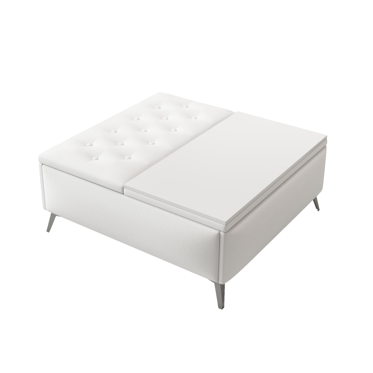 White upholstered square storage ottoman with tufted top and hinged lift lid