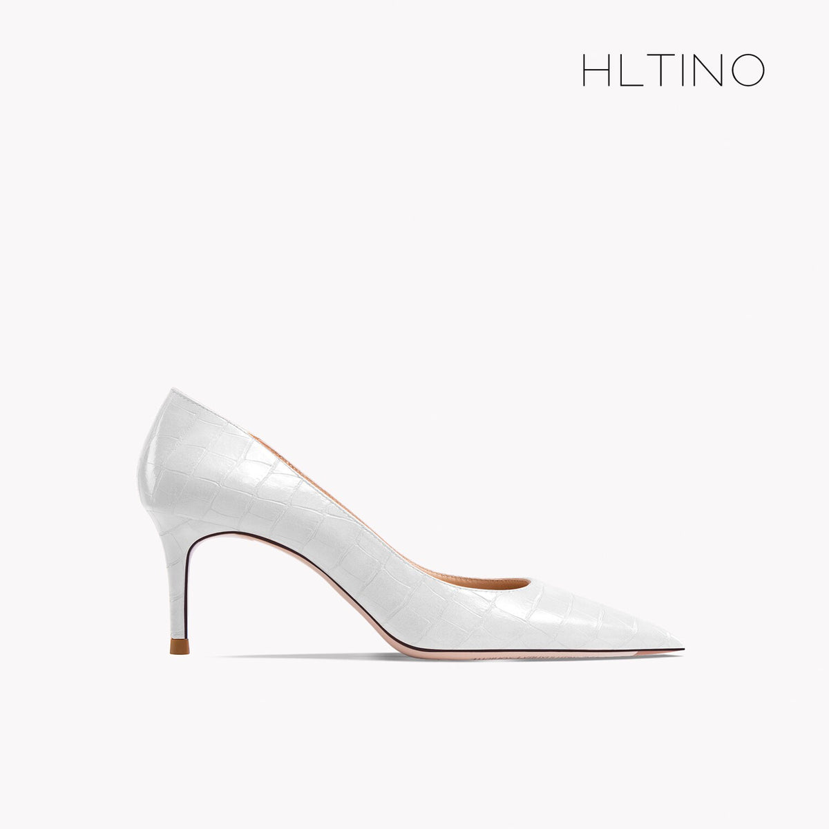Women's pointed-toe stiletto heel pump, white patent leather with thin gold heel