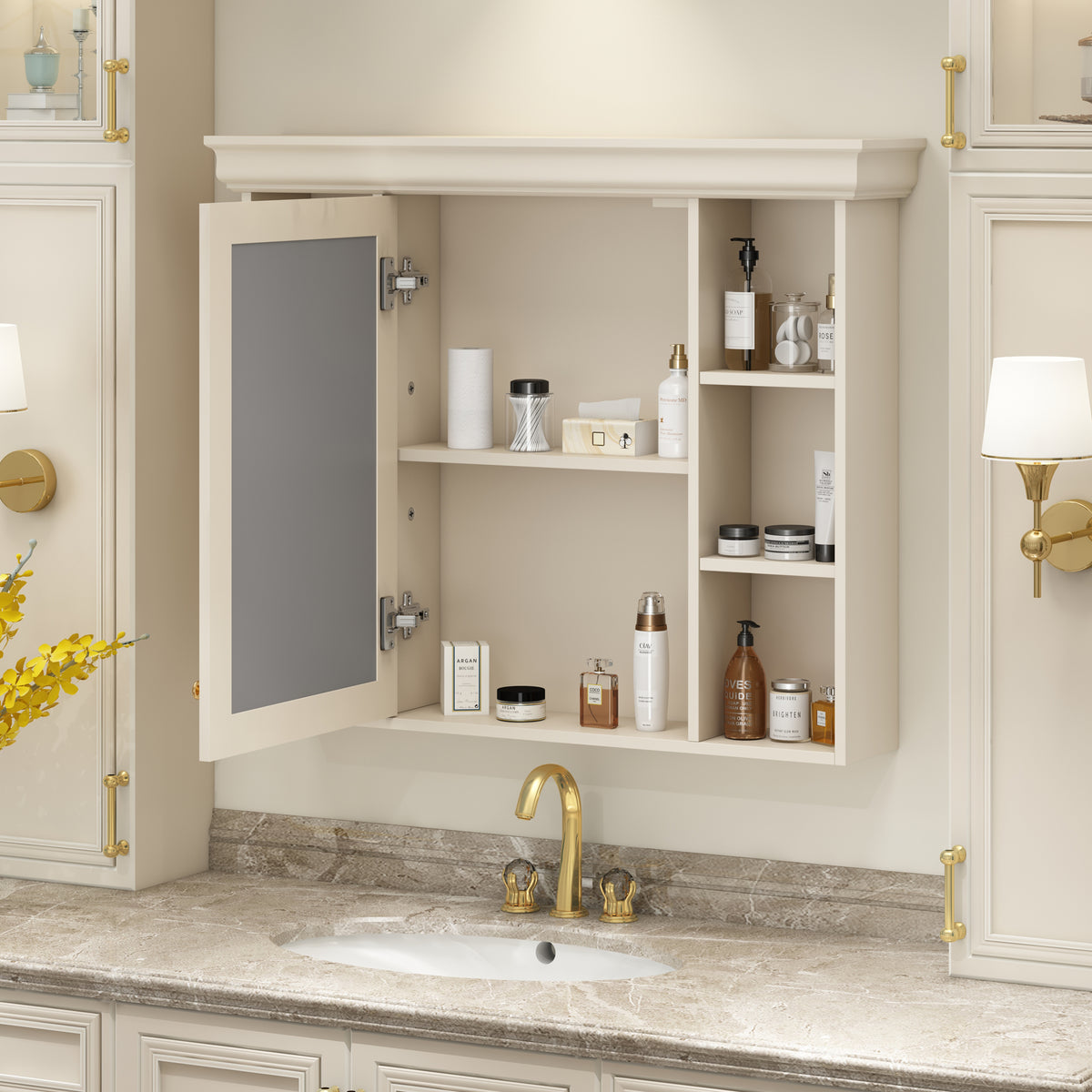 Wall-mounted cabinet with mirrored door open, adjustable shelf storage for bath items