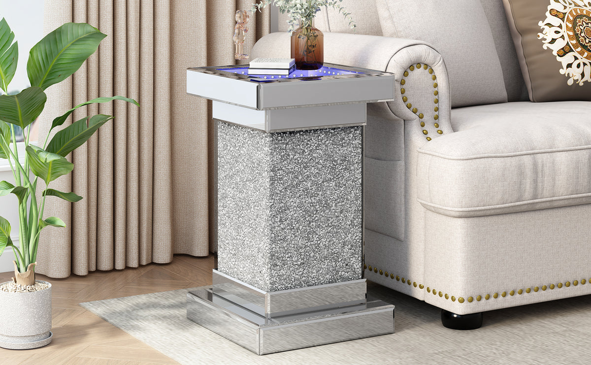 Silver square mirror coffee table with LED light strip and glitter side cabinet